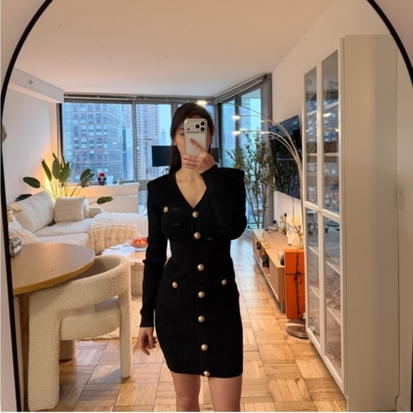 Structured Black Knit Dress | Ribbed, Button Detail | Sophisticated Everyday - Picture 2 of 11